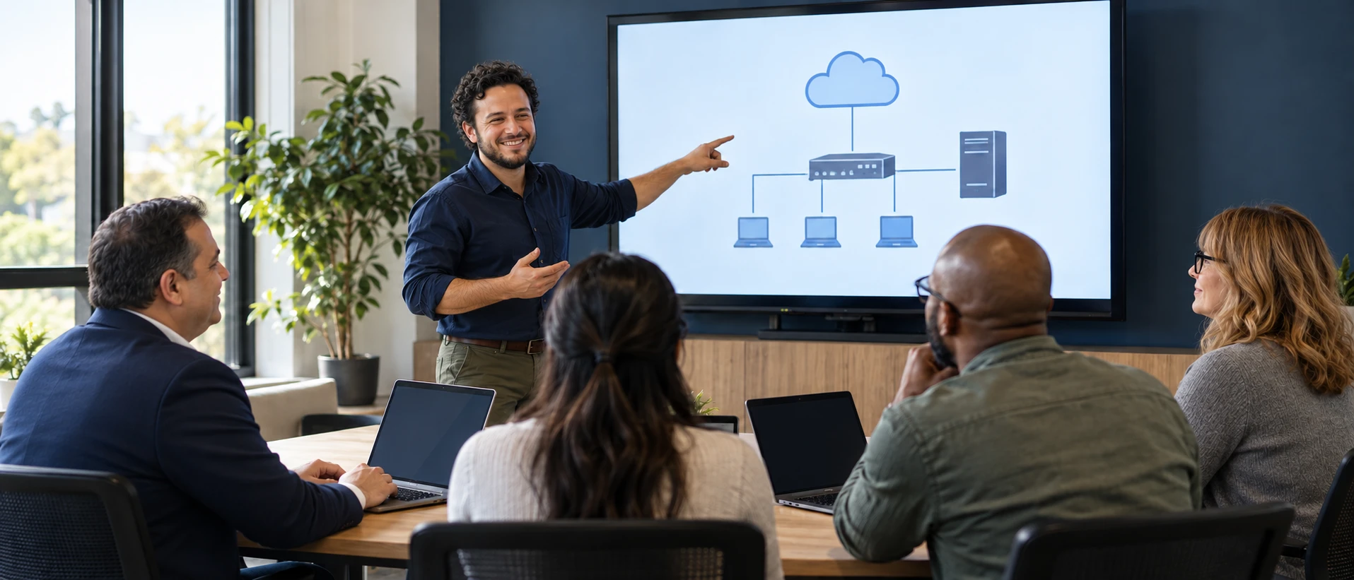 Instructor walking a team through a cloud architecture diagram