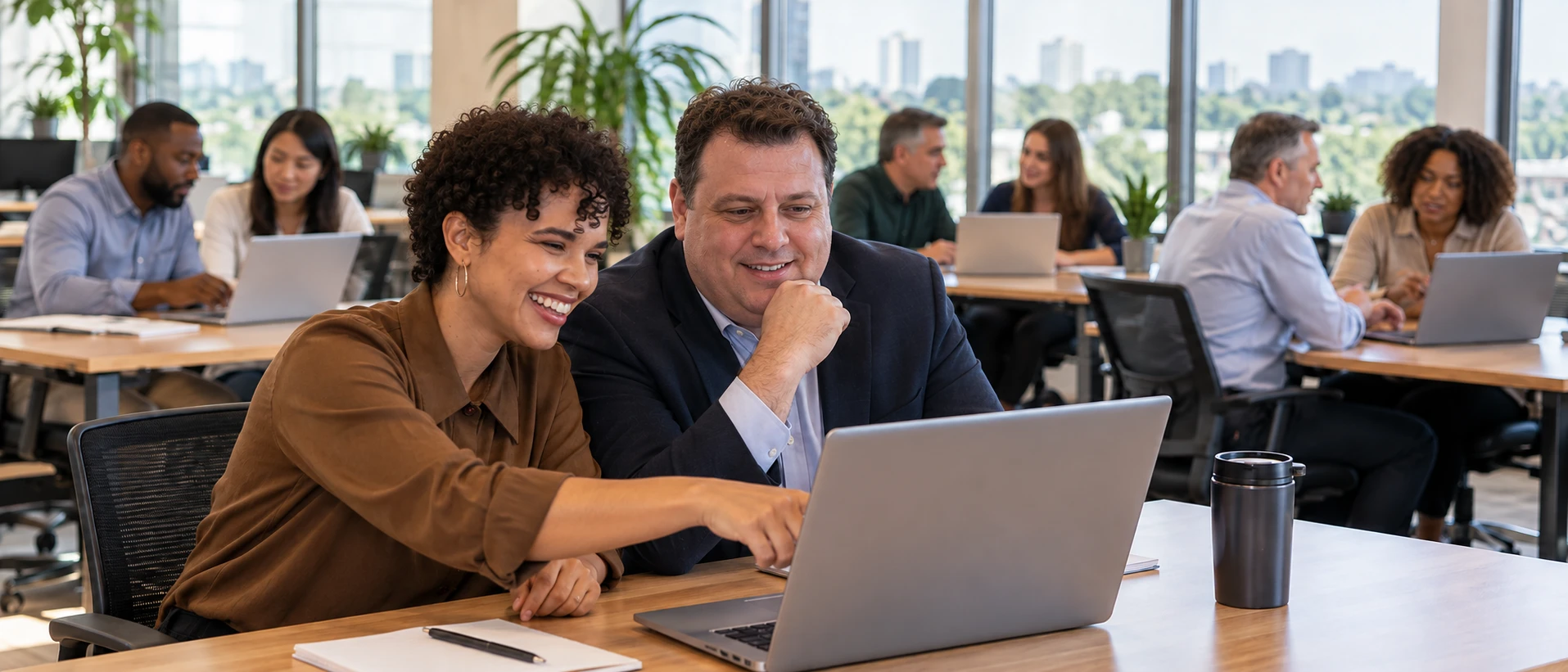 Colleagues training together in a large open office