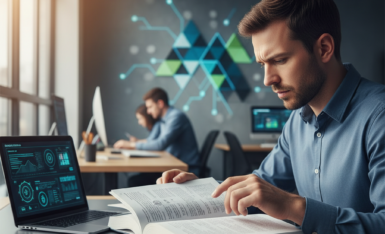 An IT professional reviewing documents at a laptop