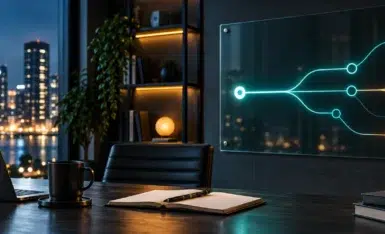 A glowing certification path diagram on a glass board in a dark office