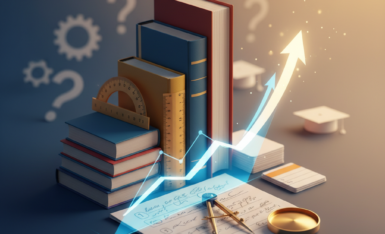 Study books, a graduation cap and a rising arrow